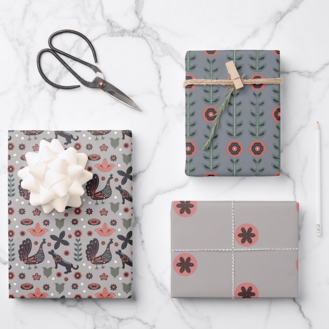 Pink and Grey Nordic Designs Wrapping Paper Sheet (Front)