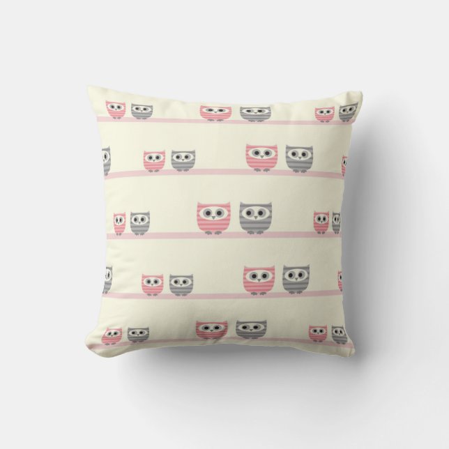 Pink and Grey Owls and Trees MOJO Pillow (Front)