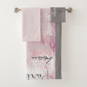 Pink and Grey Paris Eiffel Tower and French Text Bath Towel Set