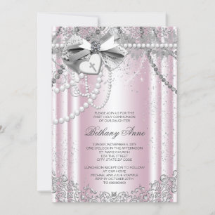 Pink and Grey Pearl First Communion Invitation