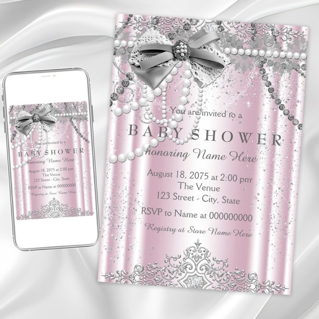 Pink and Grey Pearl Girly Baby Shower Invitation (Elegant pink silver baby shower invitation. Instant download and printed invitations available.)