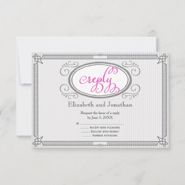 Pink and Grey Pinstripe Retro Wedding Reply Card (Front)