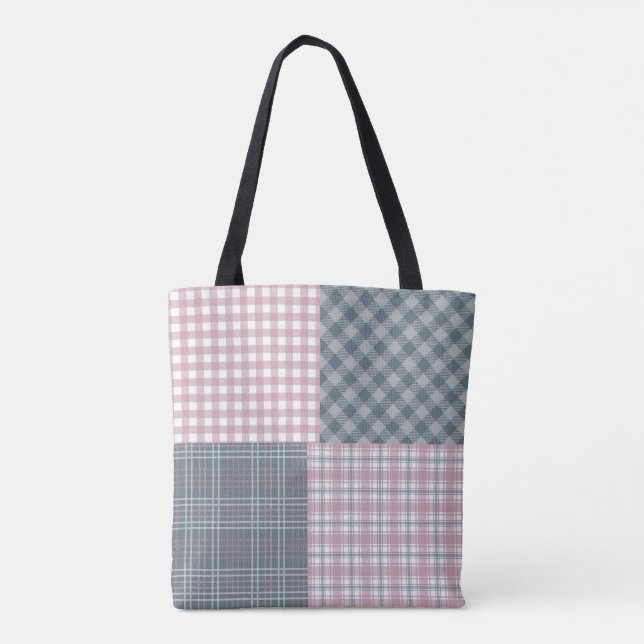 Pink and grey plaid patchwork personalised Tote Bag (Back)