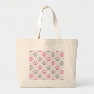 Pink and grey puppy paws pattern large tote bag