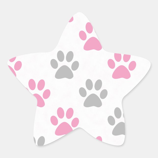 Pink and grey puppy paws pattern star sticker (Front)