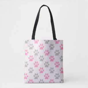 Pink and grey puppy paws pattern tote bag