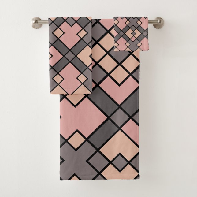 pink and grey rectangles pattern bath towel set (Insitu)