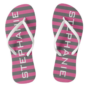 Pink and Grey Rugby Stripes with Custom Name Jandals