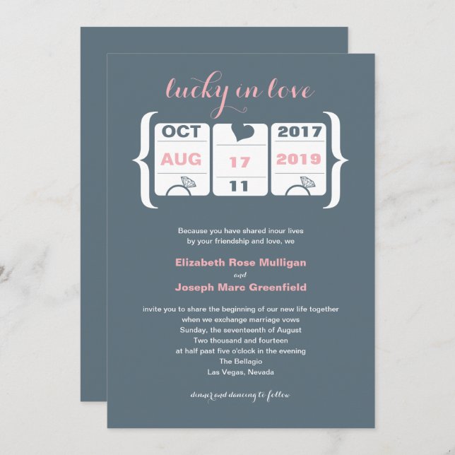 Pink and Grey Slot Machine Wedding Invitation (Front/Back)