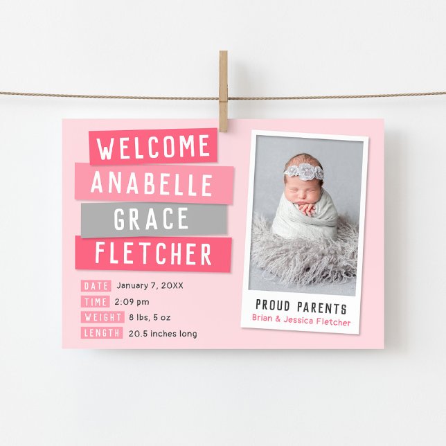 Pink and Grey Snapshot Magnetic Birth Announcement (Creator Uploaded)