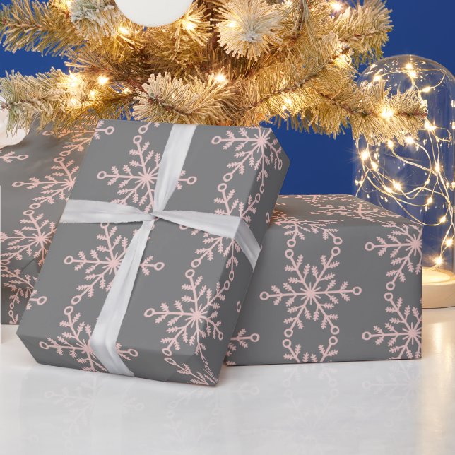 Pink and Grey Snowflakes Holiday Wrapping Paper (Holidays)