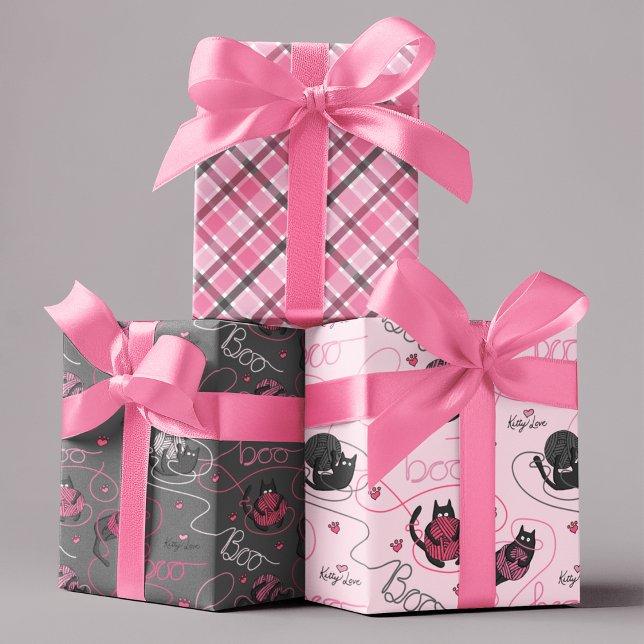 Pink and Grey Spooky Kittens "Kitty Love" Wrapping Paper Sheet (Cute Set of Spooky Playful Kittens Playing with Pink Yarn that Spells "Boo". Pink and Black Plaid.)