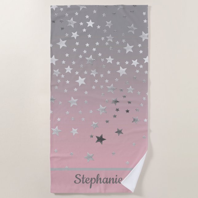Pink And Grey Stars Ombre Stylish Chic Modern  Beach Towel (Front)