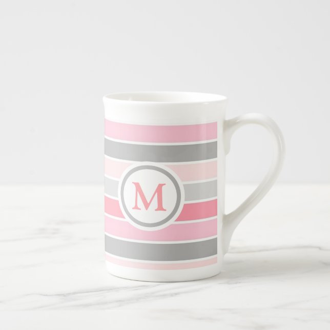 Pink and Grey Striped Monogram Bone China Mug (Right)