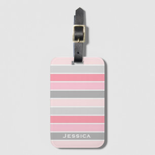 Pink and Grey Striped Personalised Luggage Tag