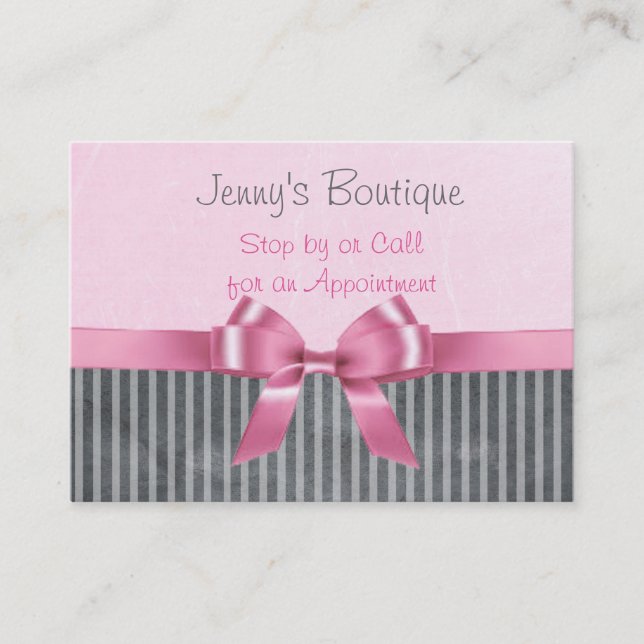 Pink and Grey Striped with Pink Bow & Glitter Appointment Card (Front)