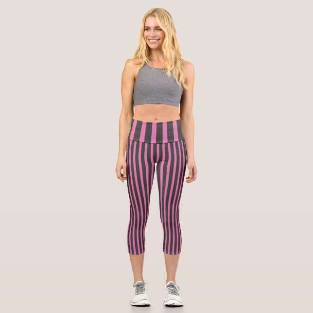 Pink and Grey Stripes Capri Leggings (Front)