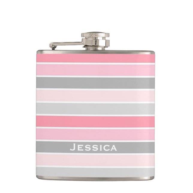 Pink and Grey Stripes Personalised Hip Flask (Front)