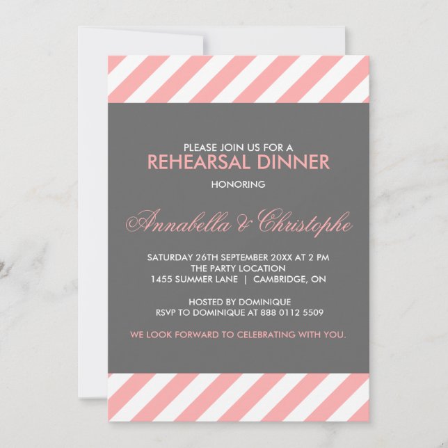 Pink and Grey Stripes Rehearsal Dinner Invitation (Front)