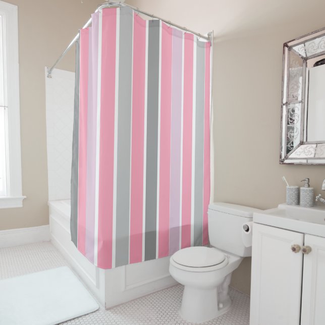 Pink and Grey Stripes Shower Curtain (In Situ)