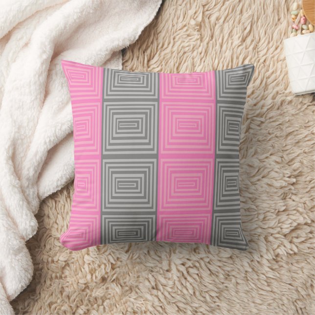 Pink and Grey Throw Pillow With Geometric Pattern (Blanket)