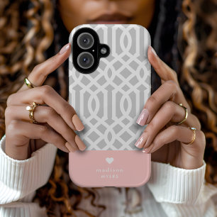 Pink and Grey Trellis Heart Monogram iPhone 16 Case
