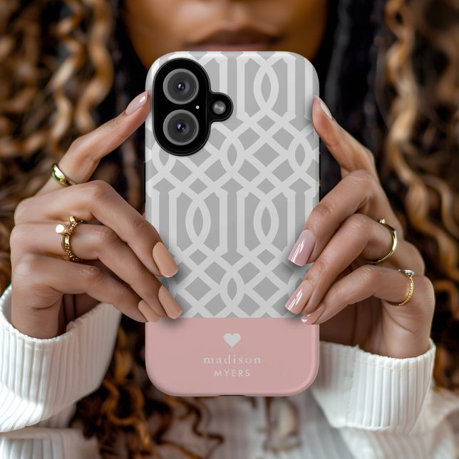 Pink and Grey Trellis Heart Monogram Case-Mate iPhone Case (Creator Uploaded)