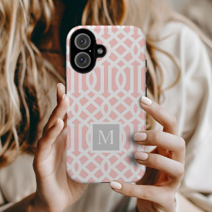 Pink and Grey Trellis Monogram Editable Colours Case-Mate iPhone 14 Case