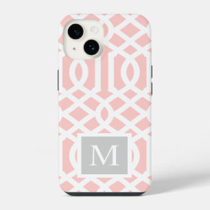 Pink and Grey Trellis Monogram Editable Colours iPhone 14 Case