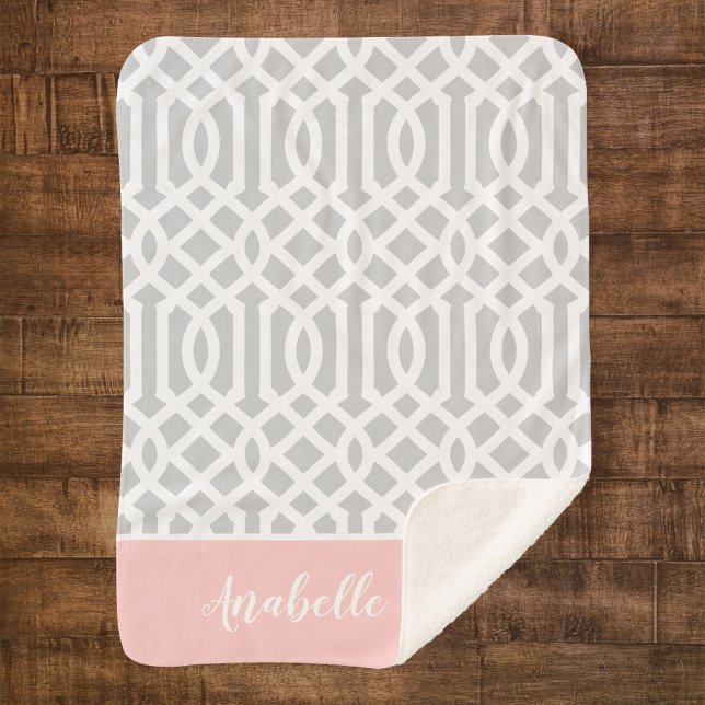 Pink and Grey Trellis Monogram | Editable Colours Sherpa Blanket (Creator Uploaded)