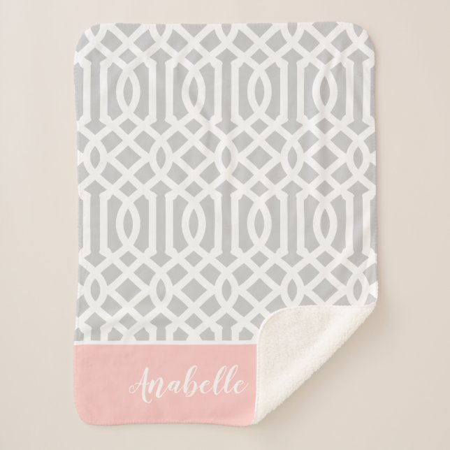 Pink and Grey Trellis Monogram | Editable Colours Sherpa Blanket (Front)