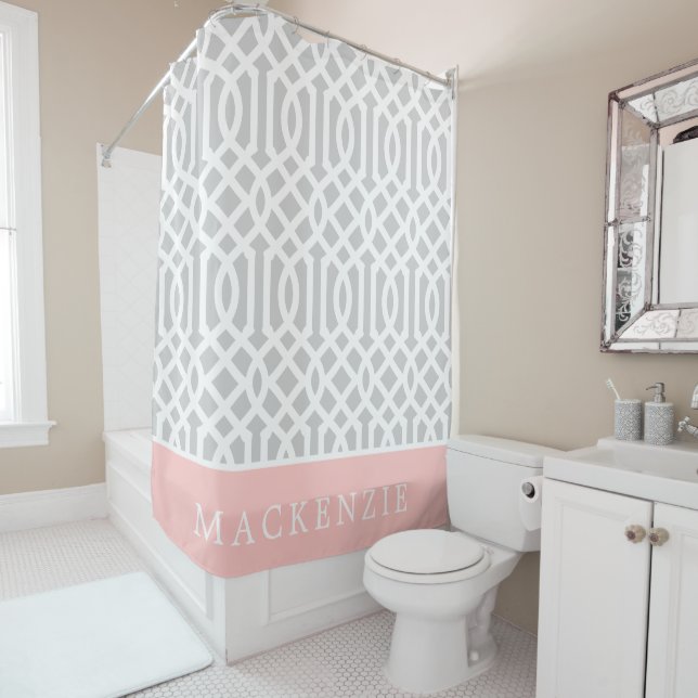 Pink and Grey Trellis Monogram | Editable Colours Shower Curtain (In Situ)