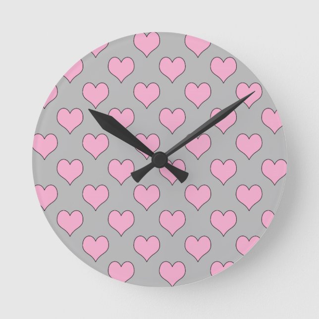 Pink and grey valentine heart pattern wall clock (Front)
