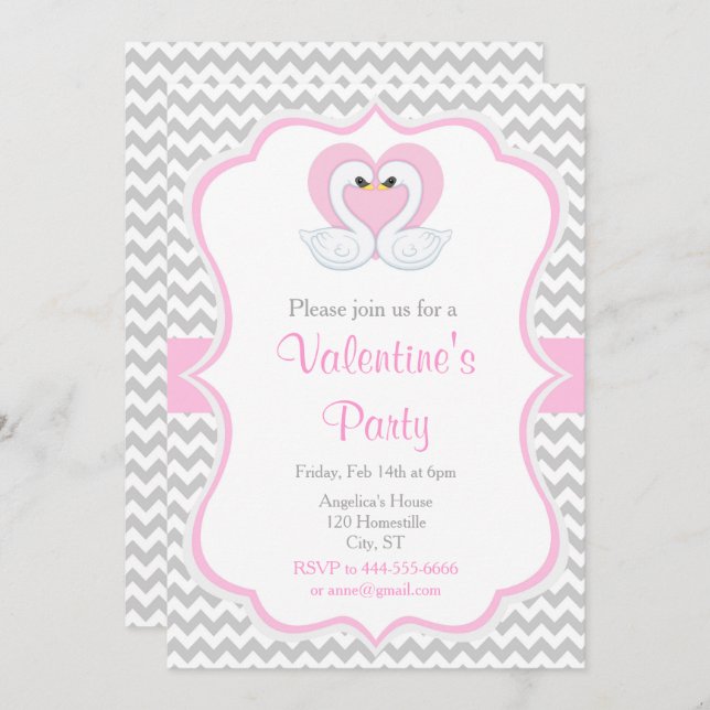 Pink and Grey Valentine Swans Invitation (Front/Back)