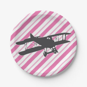 Pink and Grey Vintage Aeroplane Paper Plates