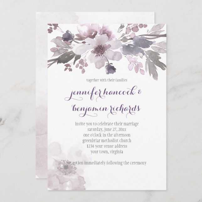 Pink and Grey Watercolor Blossoms Wedding Invites (Front/Back)