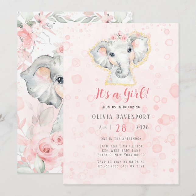 Pink and Grey Watercolor Elephant Girl Baby Shower Invitation (Front/Back)