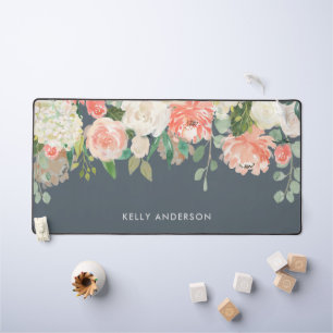 Pink and Grey Watercolor Floral with Your Name Desk Mat