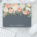 Pink and Grey Watercolor Floral with Your Name Mouse Pad<br><div class="desc">Pretty and feminine, this design features an array of watercolor mixed flowers in shades of peach, pink and white over a deep grey background. Edit the name with your own name, or you may delete the name if you prefer the mouse pad without it. You can also edit the grey...</div>