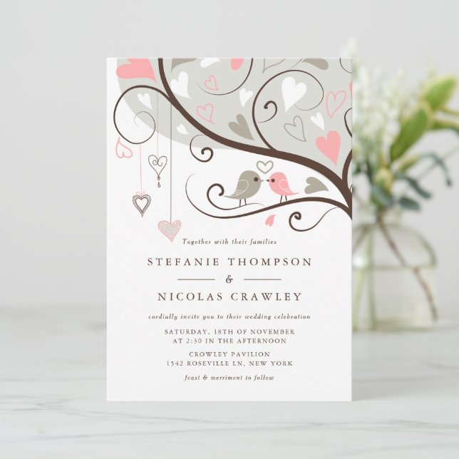 Pink and Grey Whimsical Lovebirds Wedding Invitation (Standing Front)