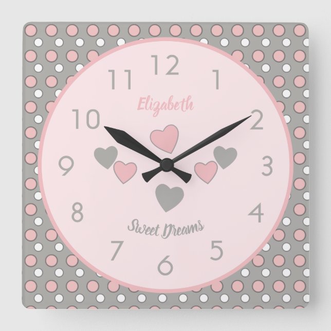 Pink and grey with polka dots and name square wall clock (Front)