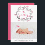 Pink and Grey Wreath Be Merry Christmas Photo Holiday Card<br><div class="desc">Be Merry | Pretty and whimsical photo holiday card for your family and friends. It features a pink and grey floral wreath and whimsical calligraphy. Personalise by adding a photo and your details. This pink Christmas card is available in other cardstock.</div>