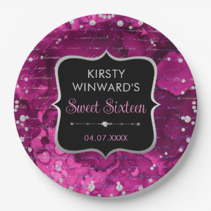Pink and Iridescent Glitter Letters Sweet 16 Paper Plate