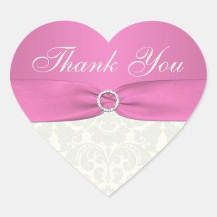 Pink and Ivory Damask Thank You Sticker