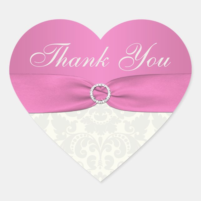 Pink and Ivory Damask Thank You Sticker (Front)