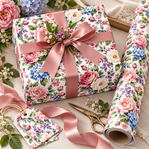 Pink and Ivory Peonies, Blue Hydrangeas Floral  Wrapping Paper