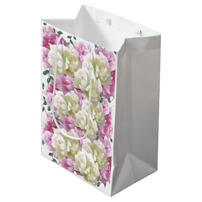 Pink and Ivory Peony Flowers Medium Gift Bag (Front Angled)