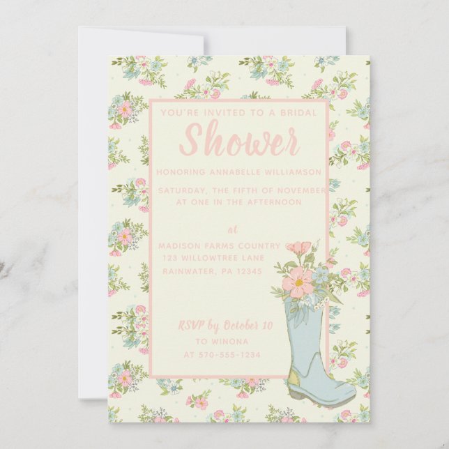 Pink and Ivory Rain Boot Wedding Shower Invitation (Front)