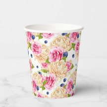 Pink and Ivory Rose and Blueberry Floral Pattern