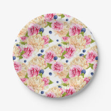 Pink and Ivory Rose and Blueberry Floral Pattern